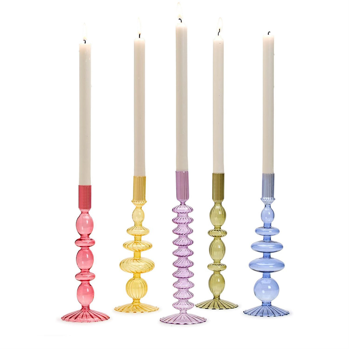 Hand-blown glass candleholder with a tall cylindrical shape.
