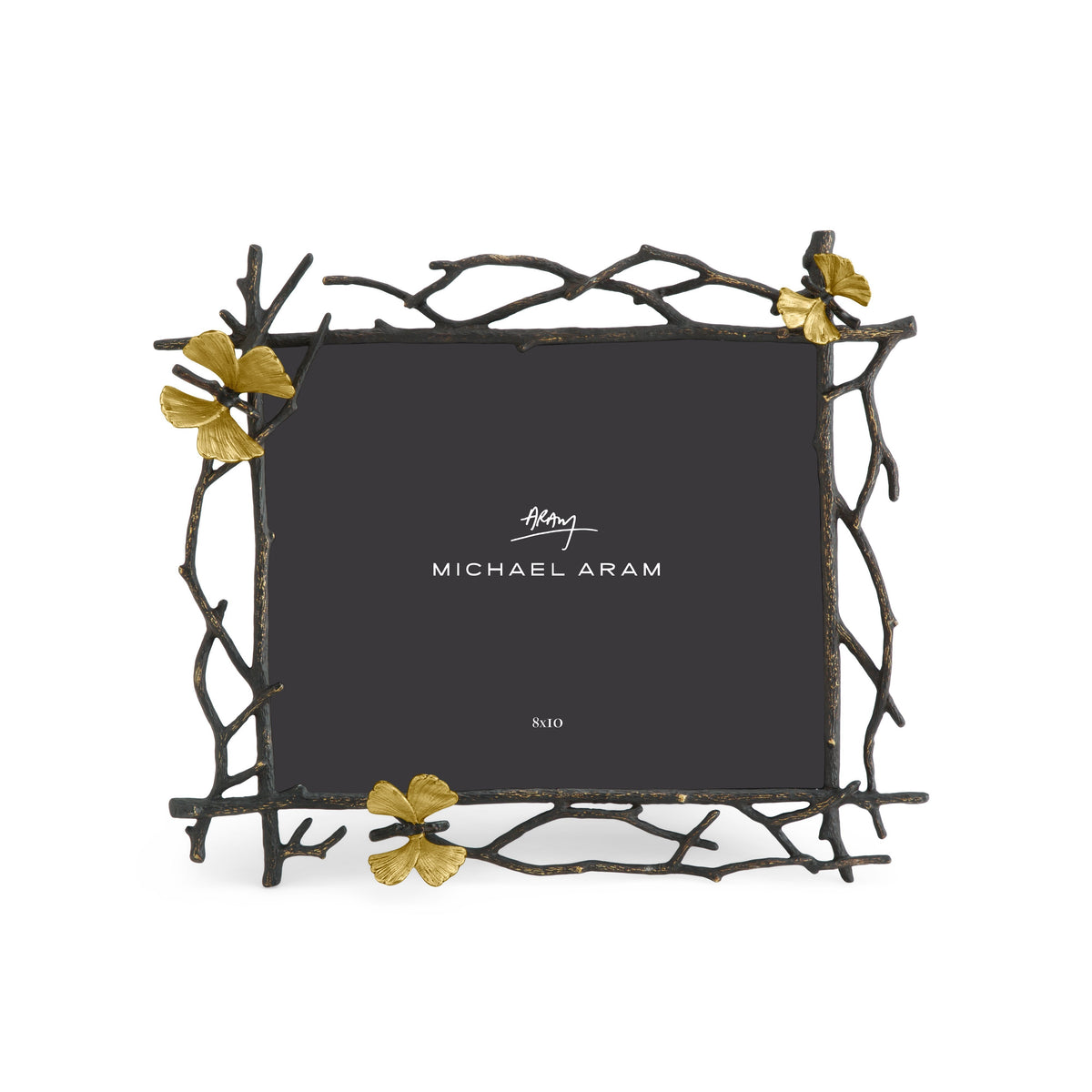 Oxidized goldtone convertible butterfly ginkgo frame holding an 8x10 photo.