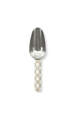 Small stainless steel scoop with hand-painted checkered enamel finish.