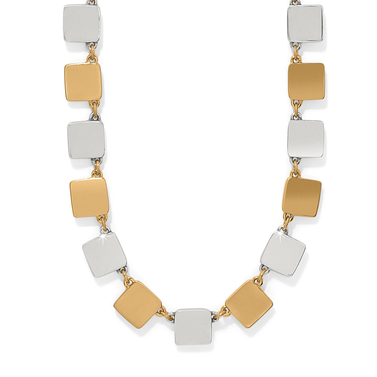 Meridian Etage two-tone necklace featuring alternating silver and gold square steps.