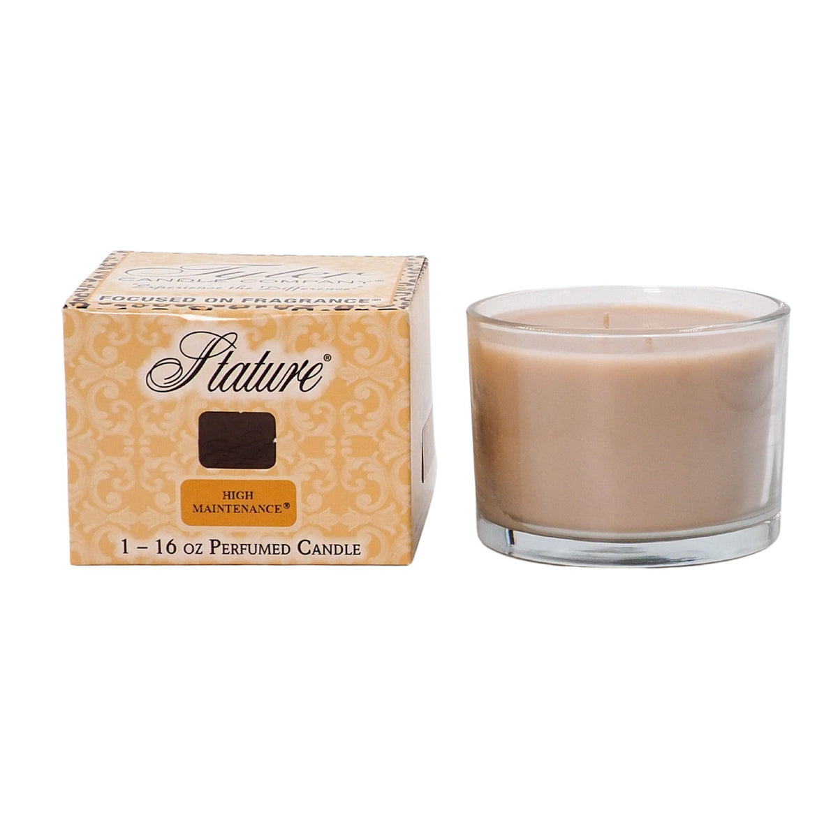 Clear glass candle jar with white soy wax blend inside a branded box.