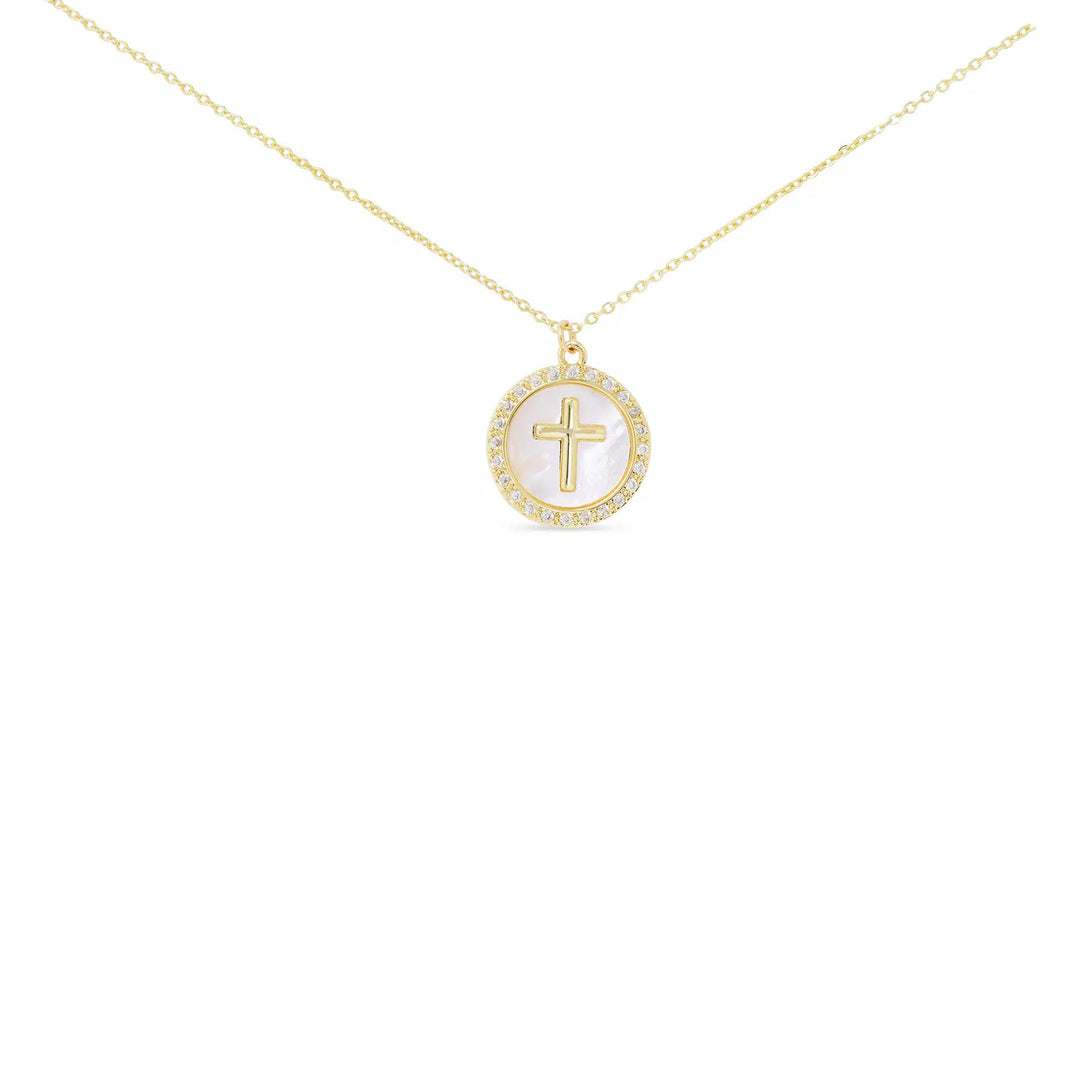 Gold CZ MOP Round Cross Pendant Necklace with Mother of Pearl inlay and cubic zirconia border.