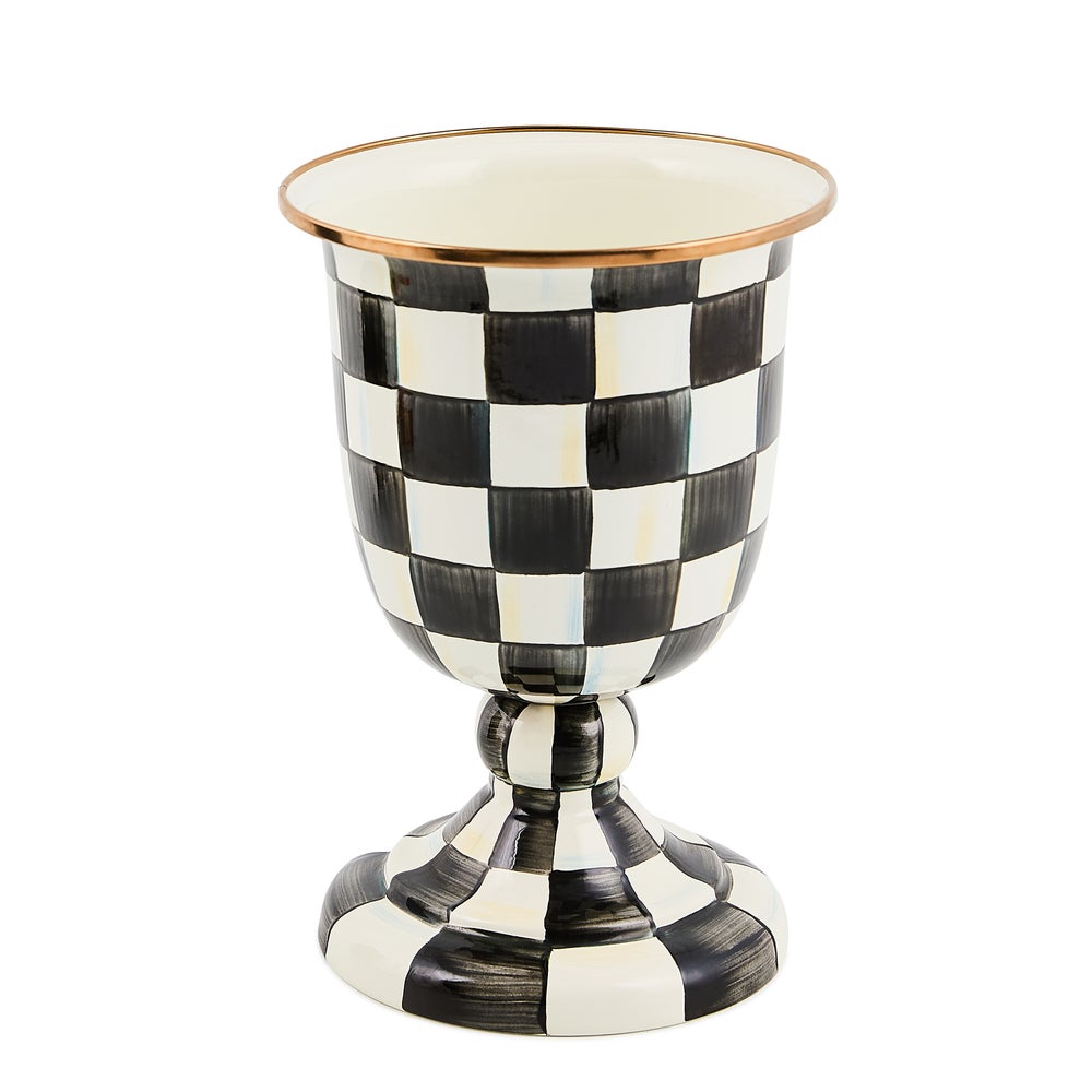 Elevated steel pedestal vase with hand-painted courtly check pattern in bronze and enamel finish.