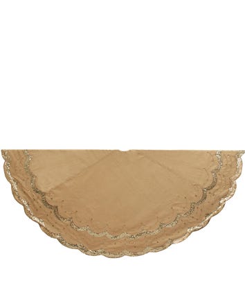 72-inch gold embossed tree skirt made of polyester with a decorative tree silhouette pattern.