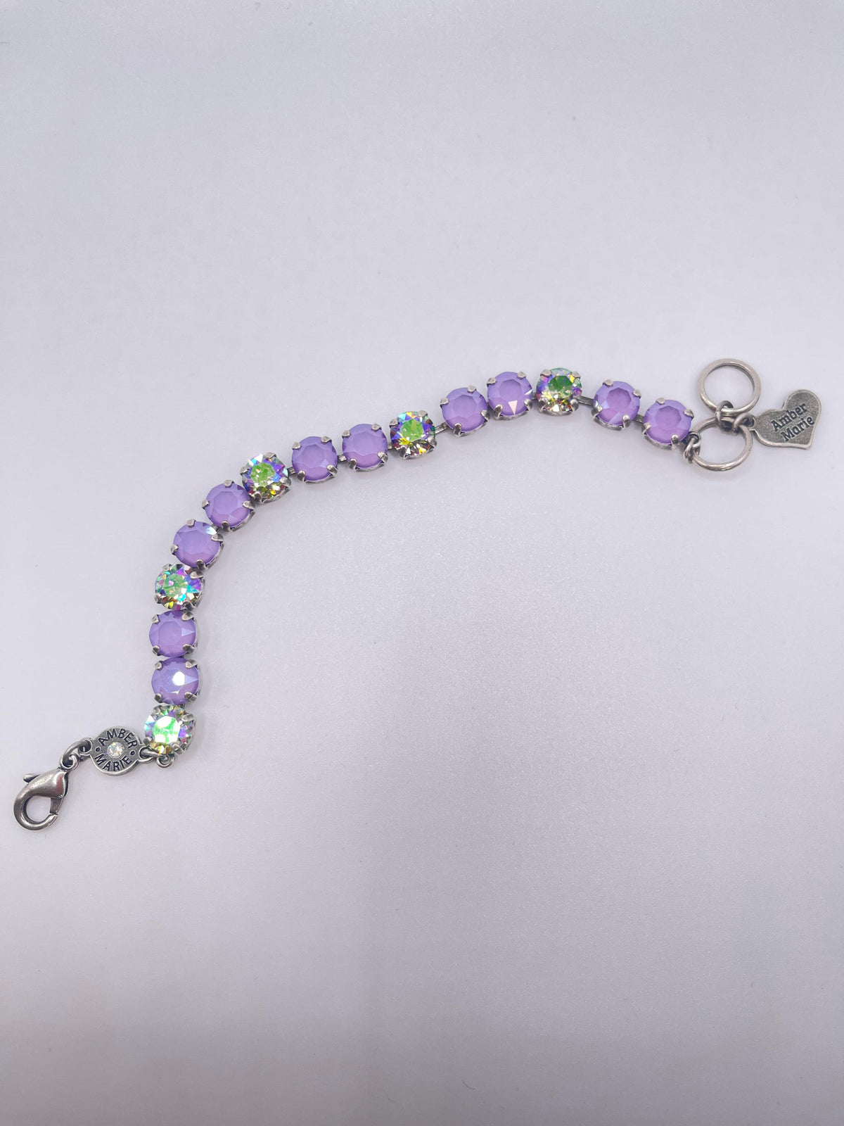 Lavender and lilac crystal bracelet with amber tag heart charm