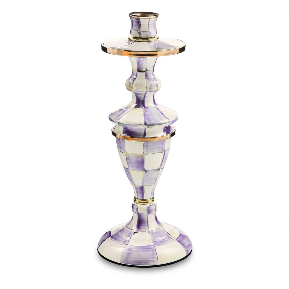 Hand-painted checkered enameled steel candlestick with bronzed stainless rim and brass accents.