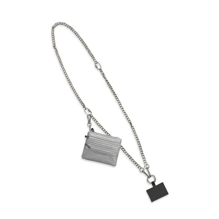 Detachable clip-on chain necklace with zippered pouch in silver metal.