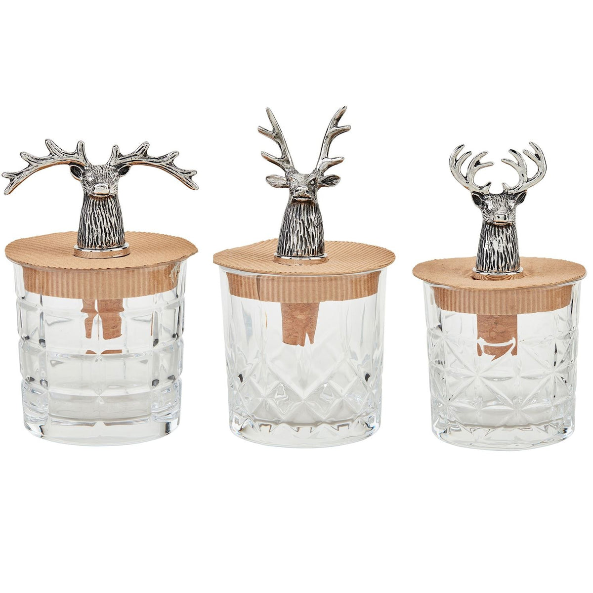 Glass bottle stopper set with deer head silhouettes in natural tones