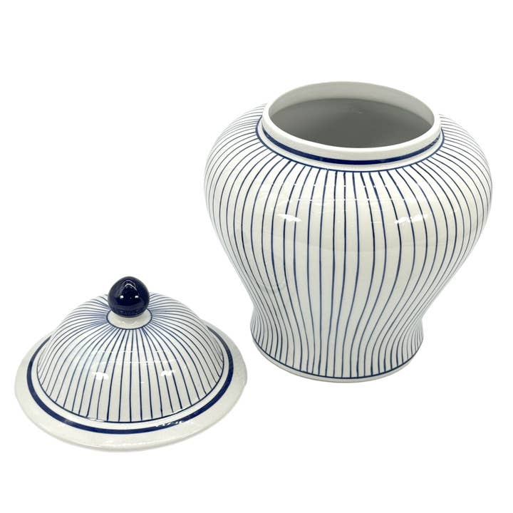 15.5-inch wide ceramic ginger jar with blue and white vertical stripes and a matching lid.