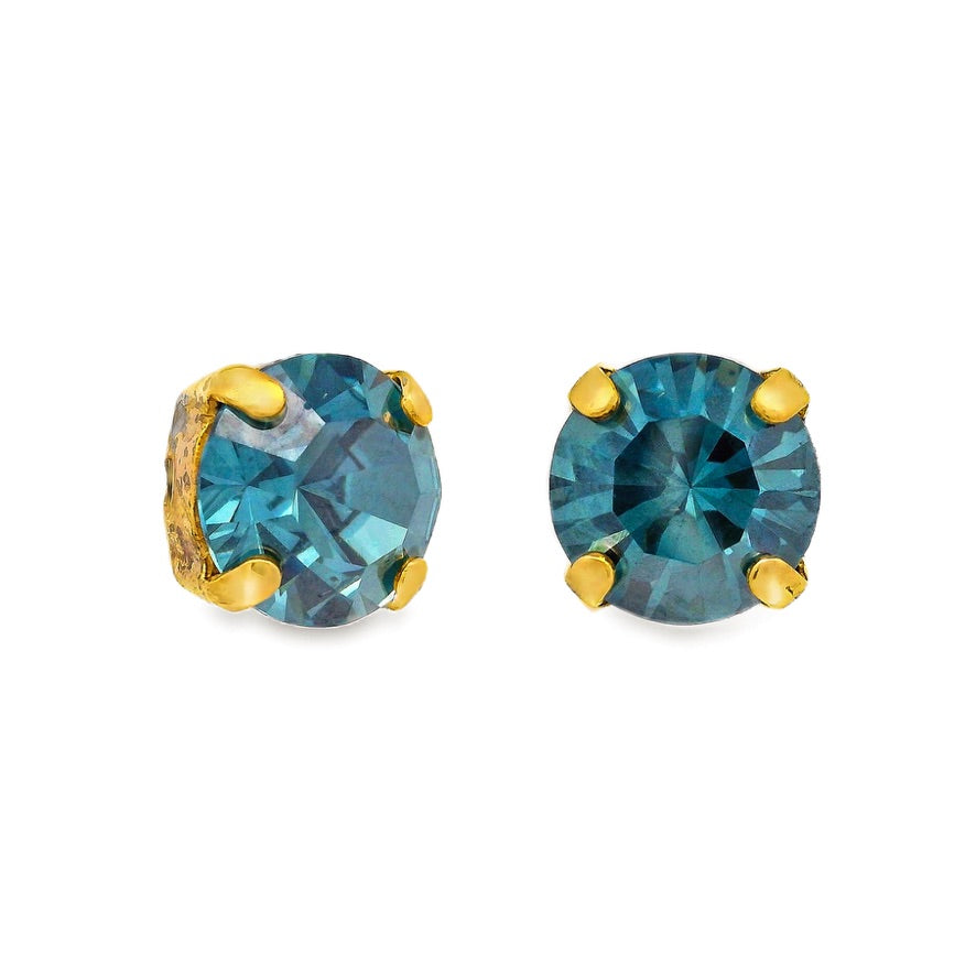 Antique gold plated brass stud earrings with eight millimeter clear crystals in a bohemian style.