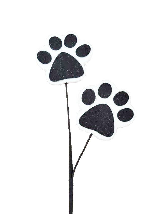 Eighteen-inch floral stem featuring two black and white glittered foam paw prints.