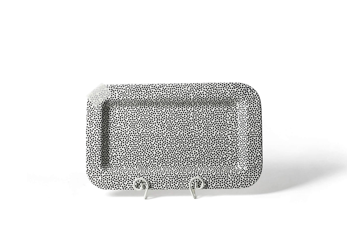 Black ceramic rectangular platter with subtle small dot pattern