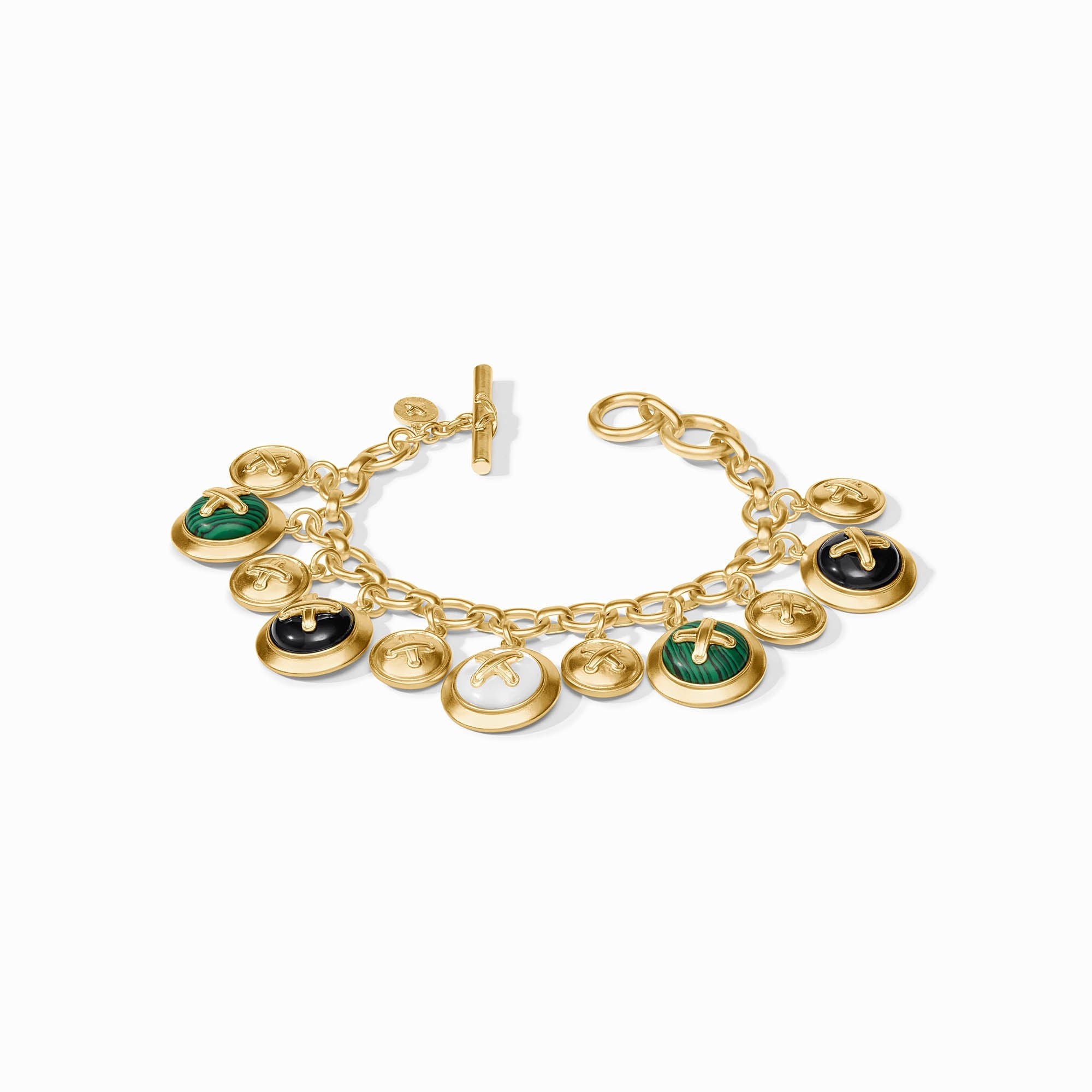 Essex Charm Bracelet in 24K gold plate with green, black, and white stone button charms.