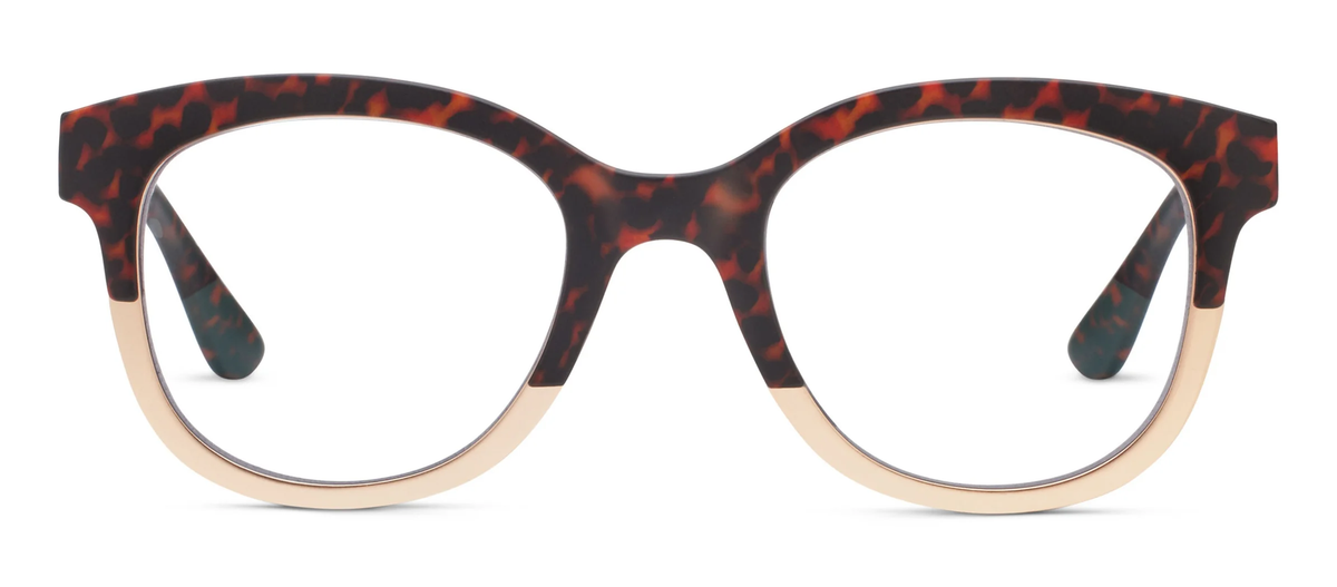 Georgia eyeglasses with soft square frames featuring earthy tortoise shell pattern and metallic detailing.