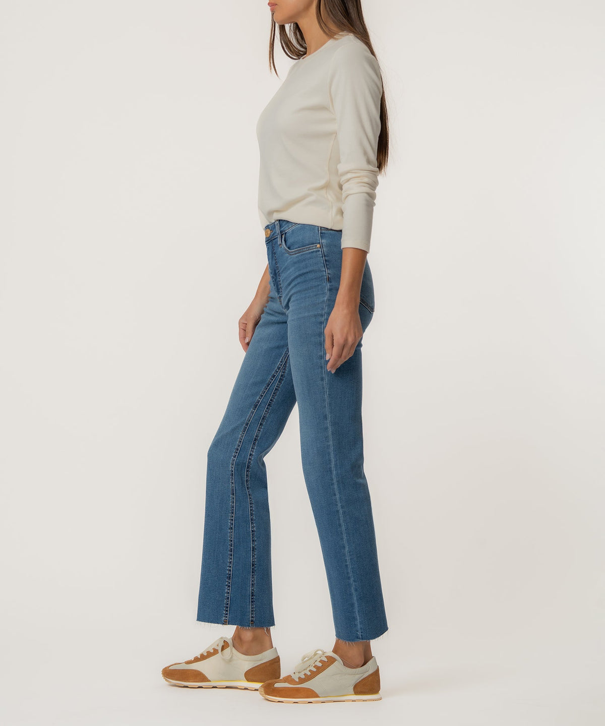 Kelsey high-rise flare jeans in dark wash denim with a wide leg opening