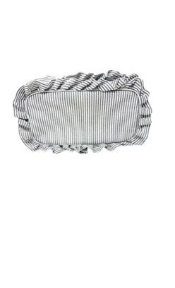 Top view of a blue and white striped seersucker pouch with a ruffled trim around the edge.
