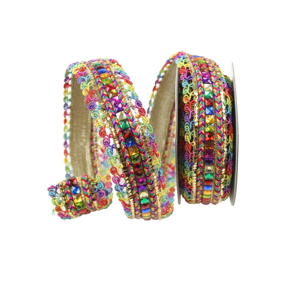 1.5 inch x 10 yards multi-color wired ribbon with rainbow lace border and jeweled center.
