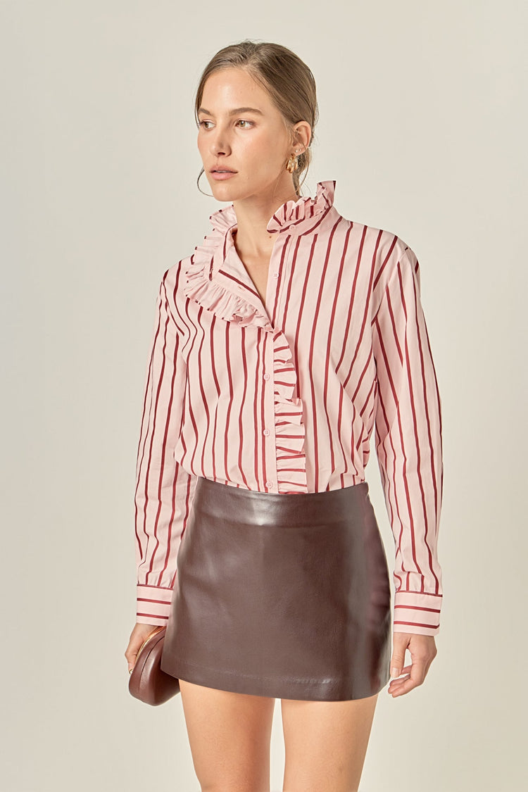 Leah ruffled stripe button-up shirt in white cotton with long sleeves, front buttons, and back yoke shirring.
