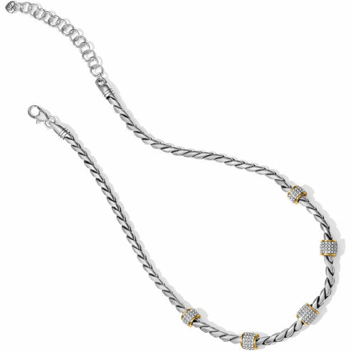 Adjustable two-tone silver-gold necklace with fine quality crystal pendants on a lobster claw closure.