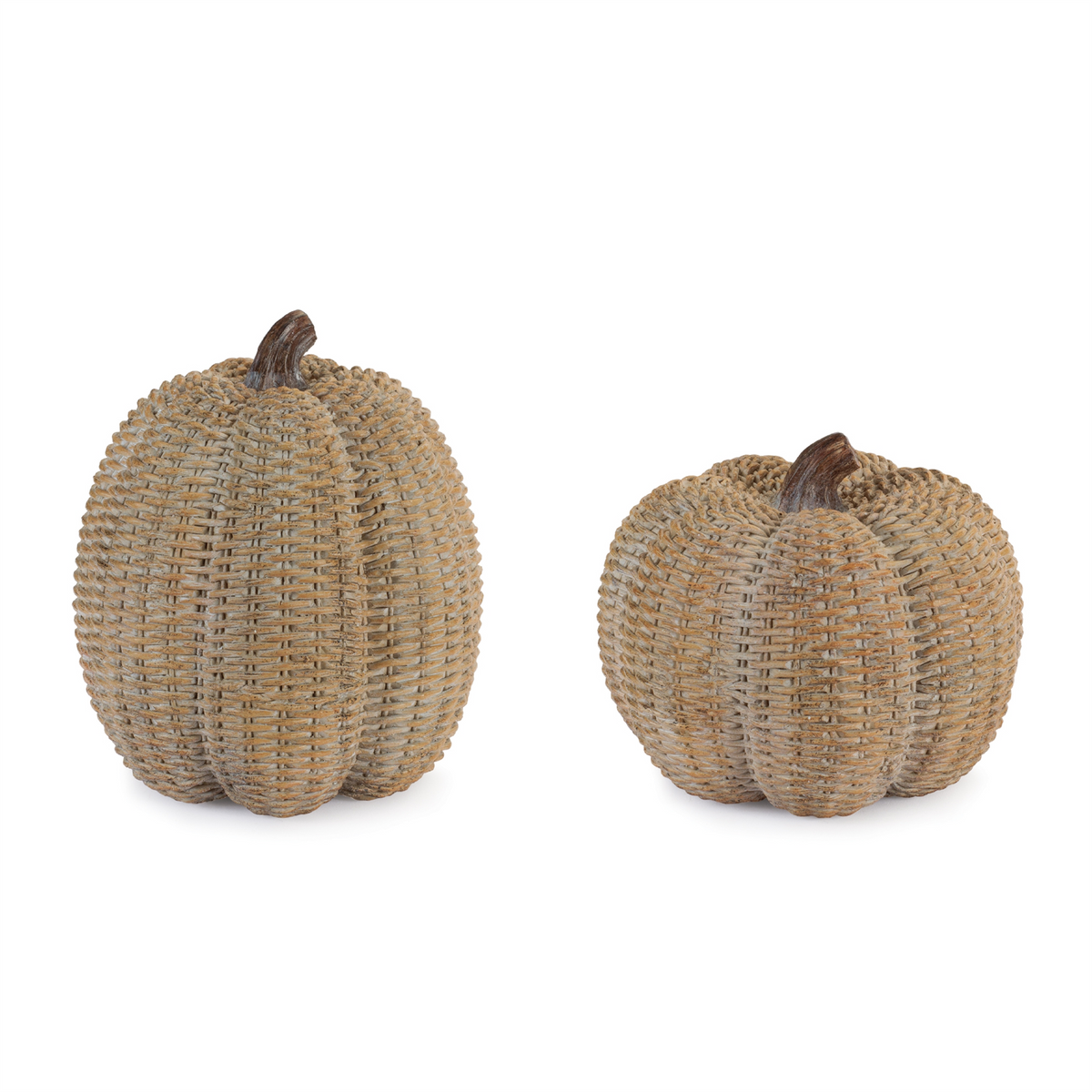 Two decorative resin pumpkins with a woven wicker texture and brown stems in small and large sizes.