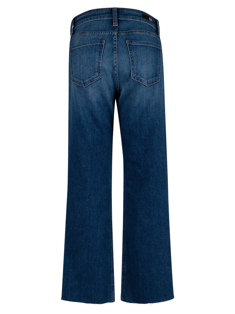 Kelsey high-rise ankle flare jeans in dark wash denim with a straight leg silhouette and visible back pockets.