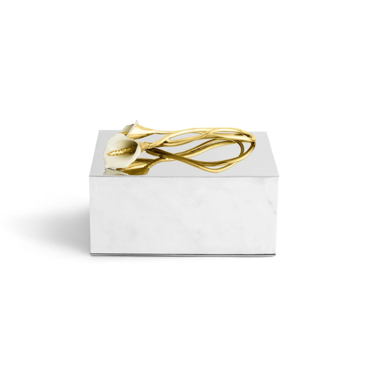 White enamel stainless steel urn with brass accents shaped like a calla lily.