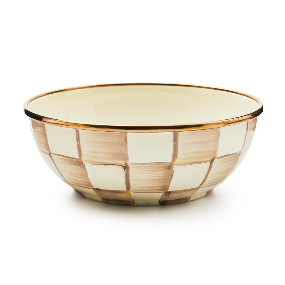 Mocha Check Everyday Bowl with hand-painted brown and cream checks and a bronzed steel rim.