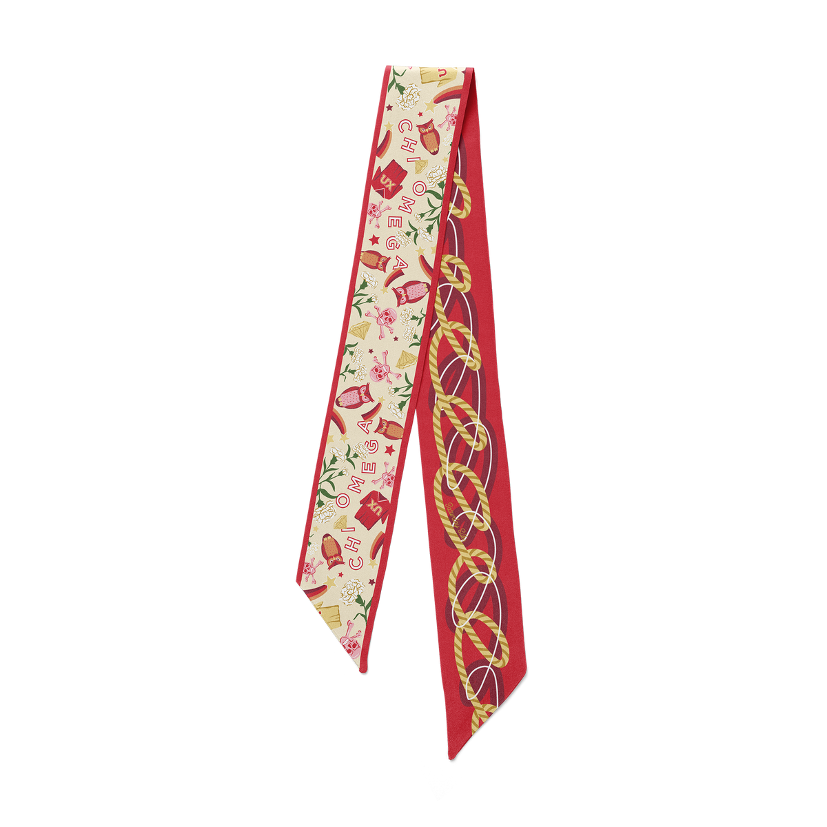 Red and cream 100% silk skinny scarf with Chi Omega text, owl, and rope patterns.