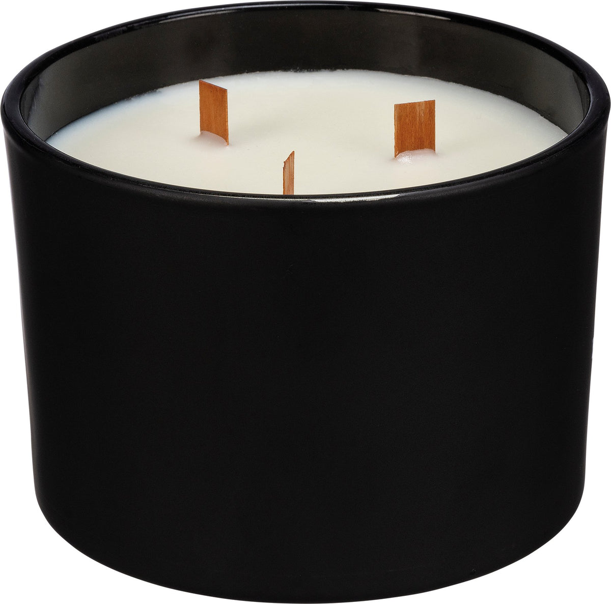 A three-wick soy wax candle with wooden wicks in a matte black glass jar.