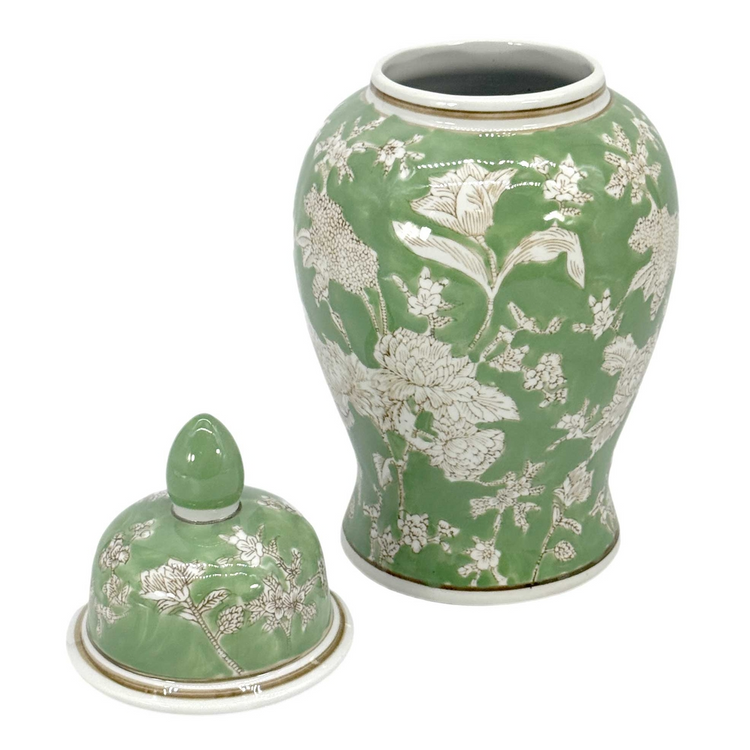 14-inch green and white chinoiserie ginger jar with a floral pattern and matching lid.