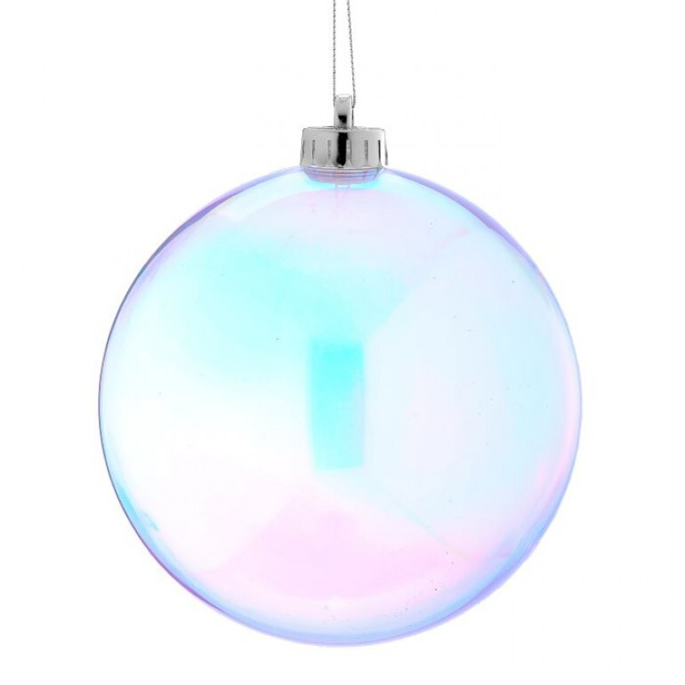 VP Clear Ball Ornament with an iridescent finish and silver hanging cap.