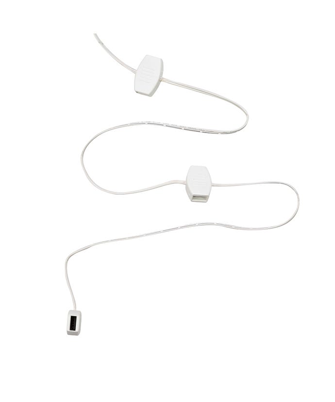 White USB power extension cord with six ports and a rectangular plug.