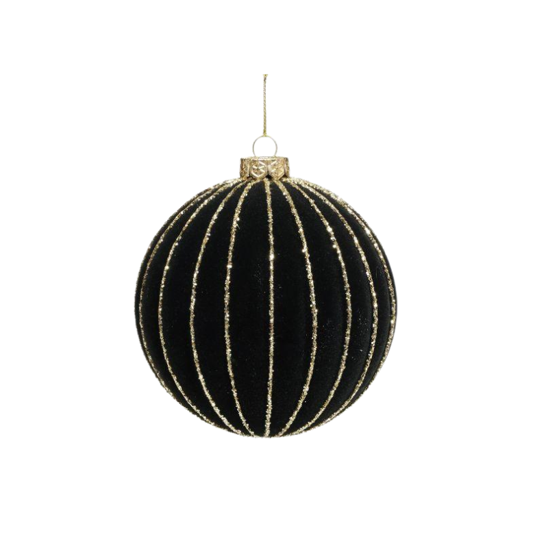 Black flocked Christmas ornament with vertical gold glitter stripes and a gold hanging loop.