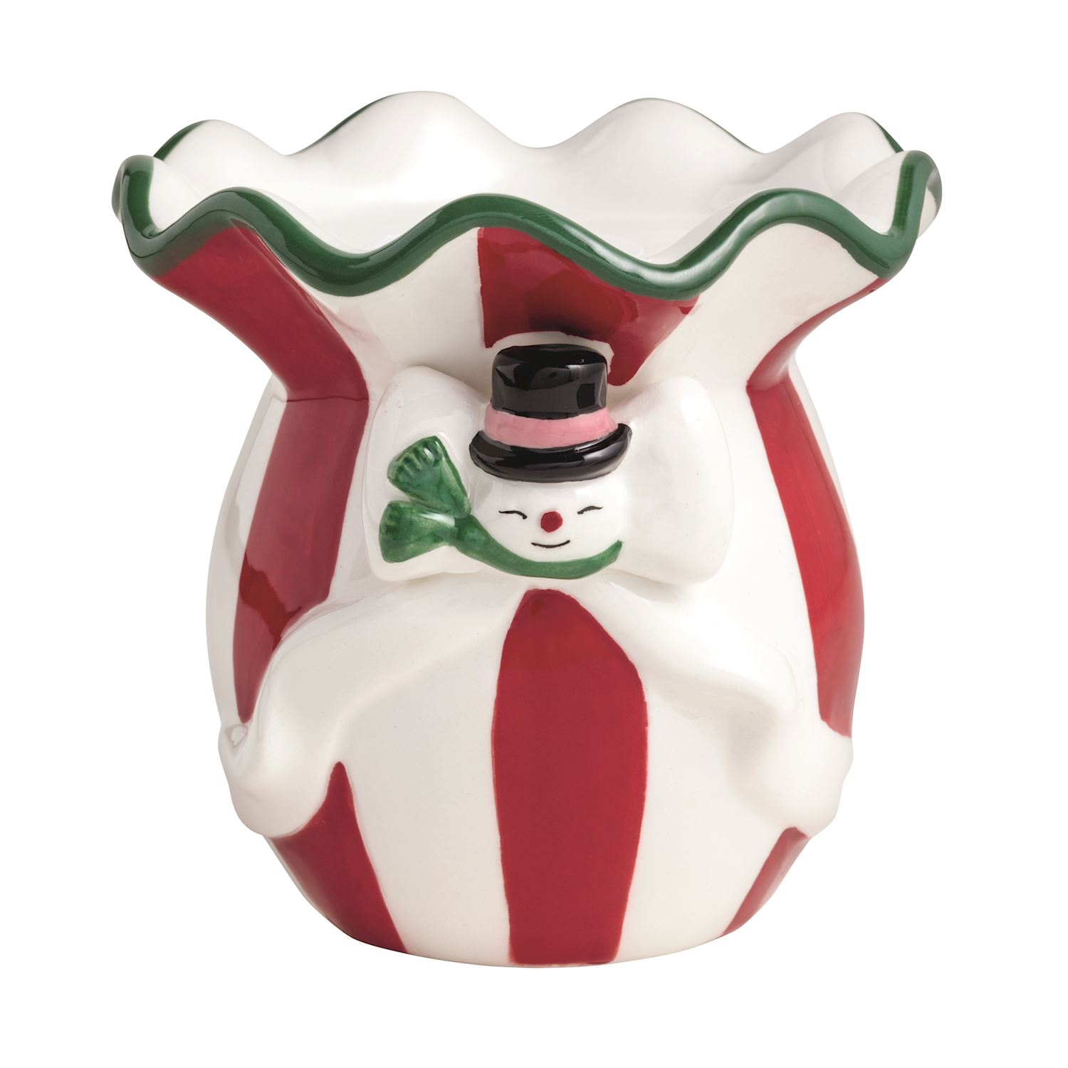 Red and white striped ceramic pillar candle holder with a snowman and bow detail.