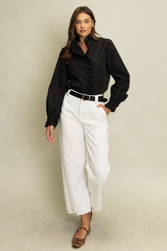 Women's Freya ruffled button-up blouse in light blue with relaxed fit