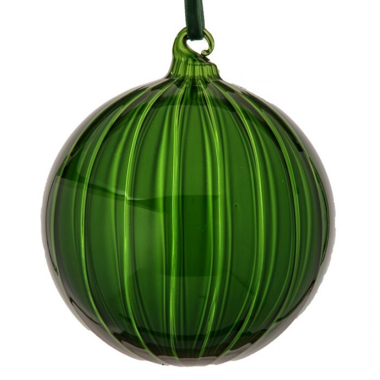 5” Glass  Clear Stripe Ball Ornament