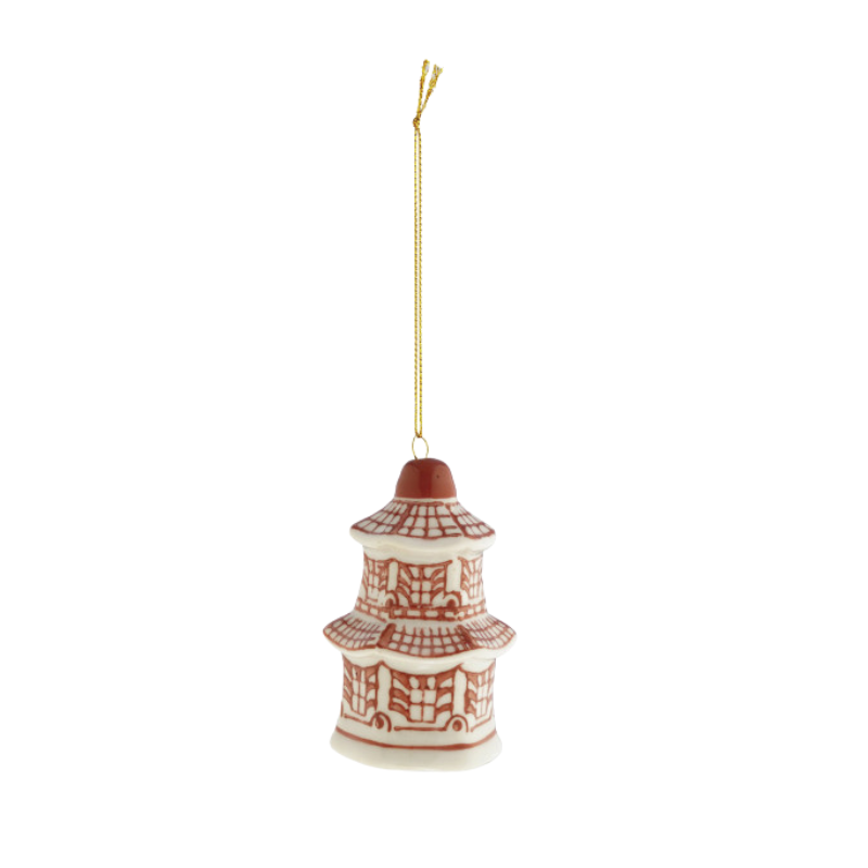 Hand-painted burgundy and white stoneware pagoda-shaped ginger jar ornament with gold hanging string