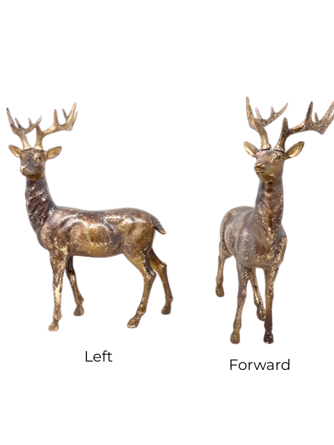17-inch resin southern deer figurines in a distressed bronze finish, available in two poses.