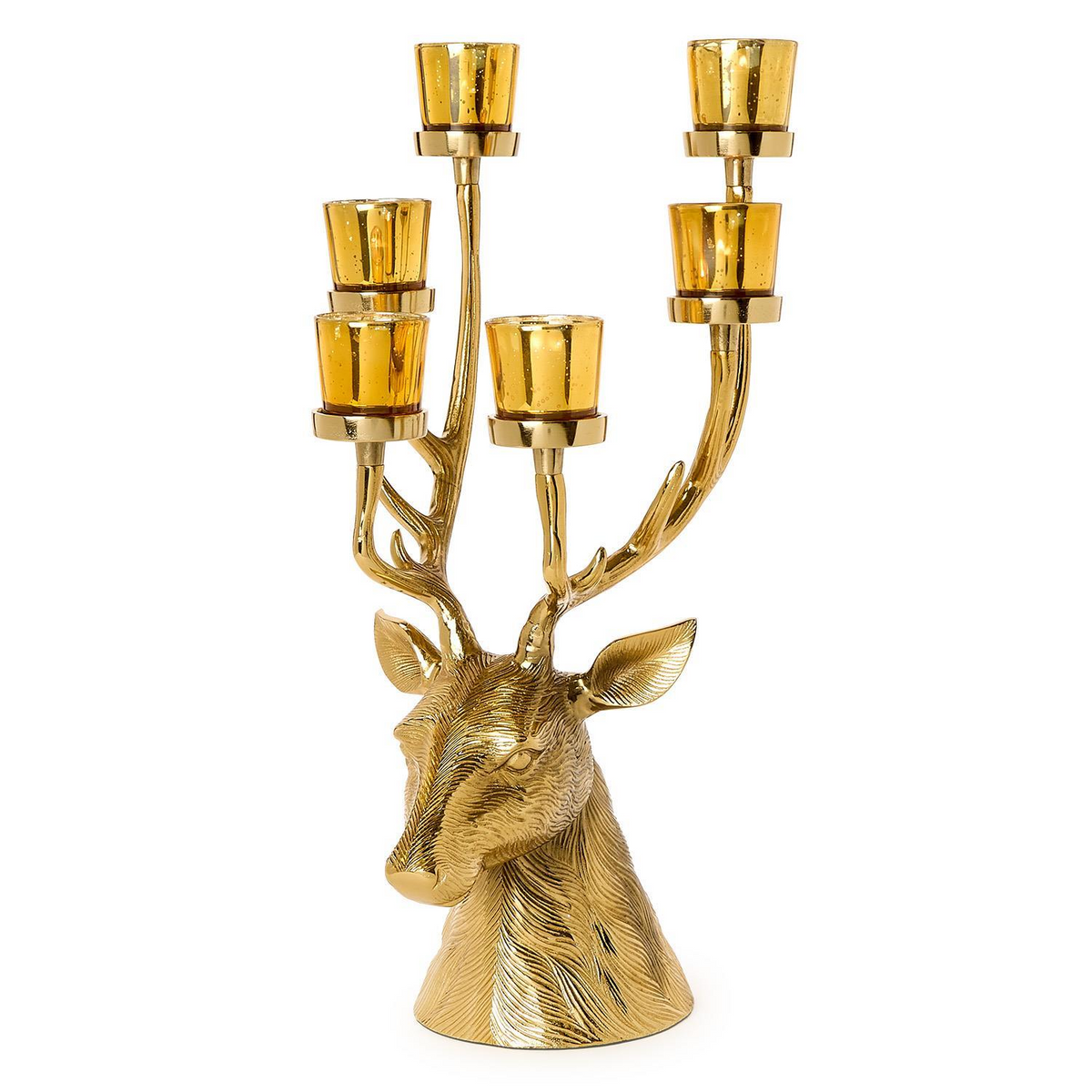 Gold stag head candelabrum centerpiece with six amber glass tealight candleholders on its antlers.