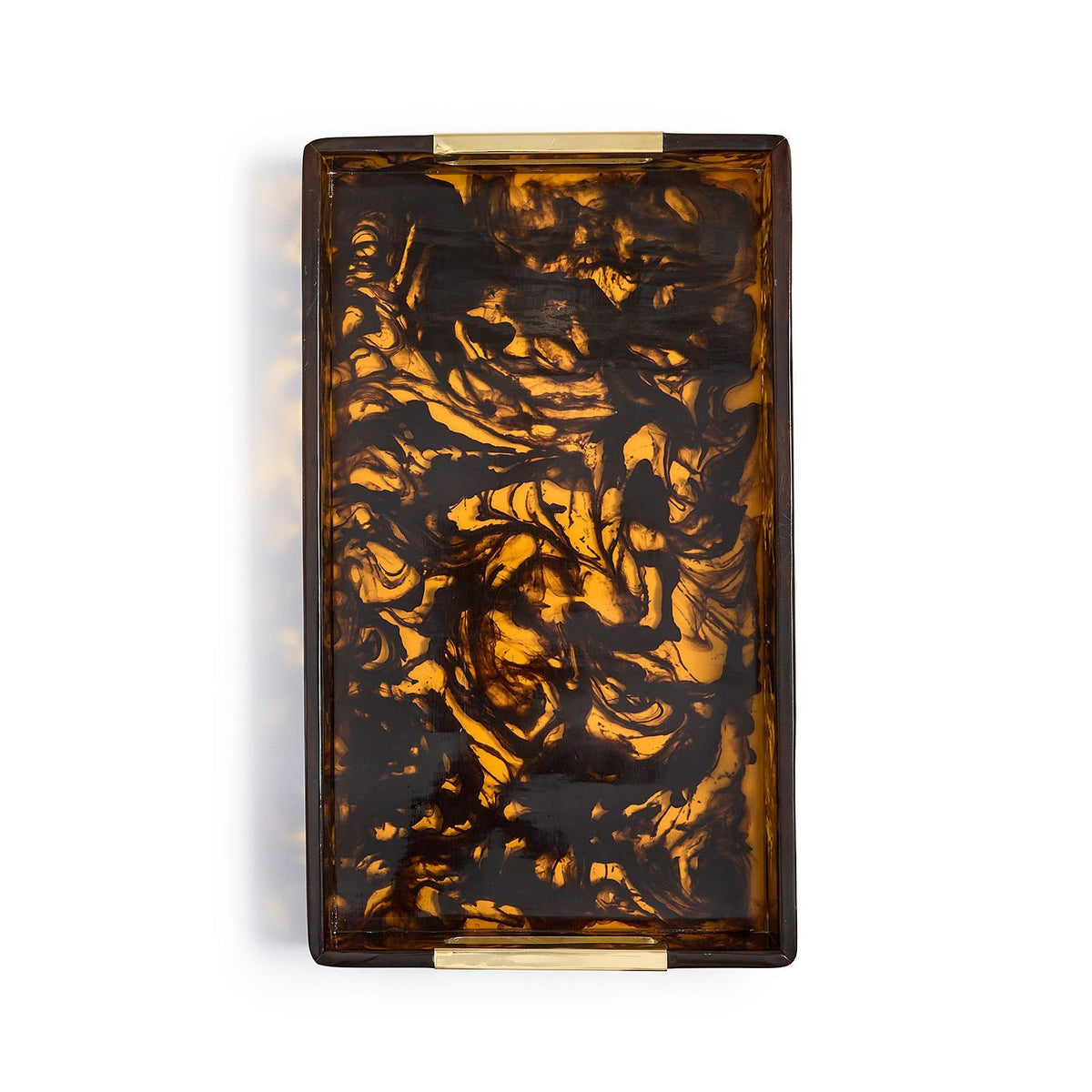 Rectangular resin serving tray with a brown tortoise swirl pattern and gold brass handles.
