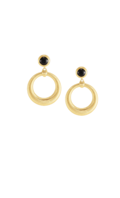 Safari Drop Earrings featuring gold textured hoops hanging from black circular studs.
