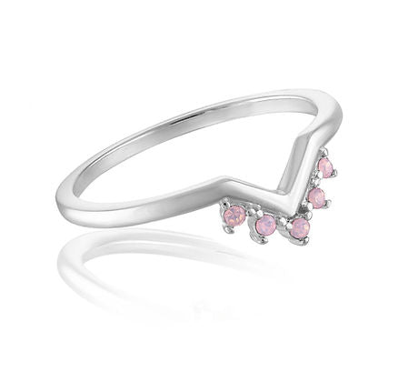 Silver V-shaped tiara stack ring featuring five small round rose water opal stones.