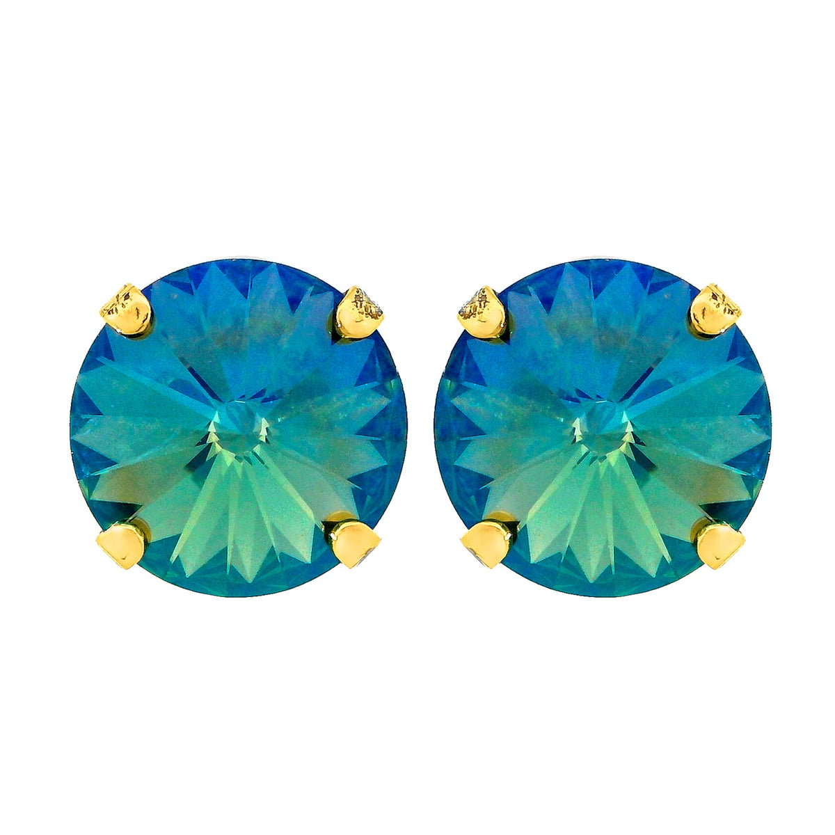 Antique gold-plated stud earrings with large round crystals on surgical steel posts