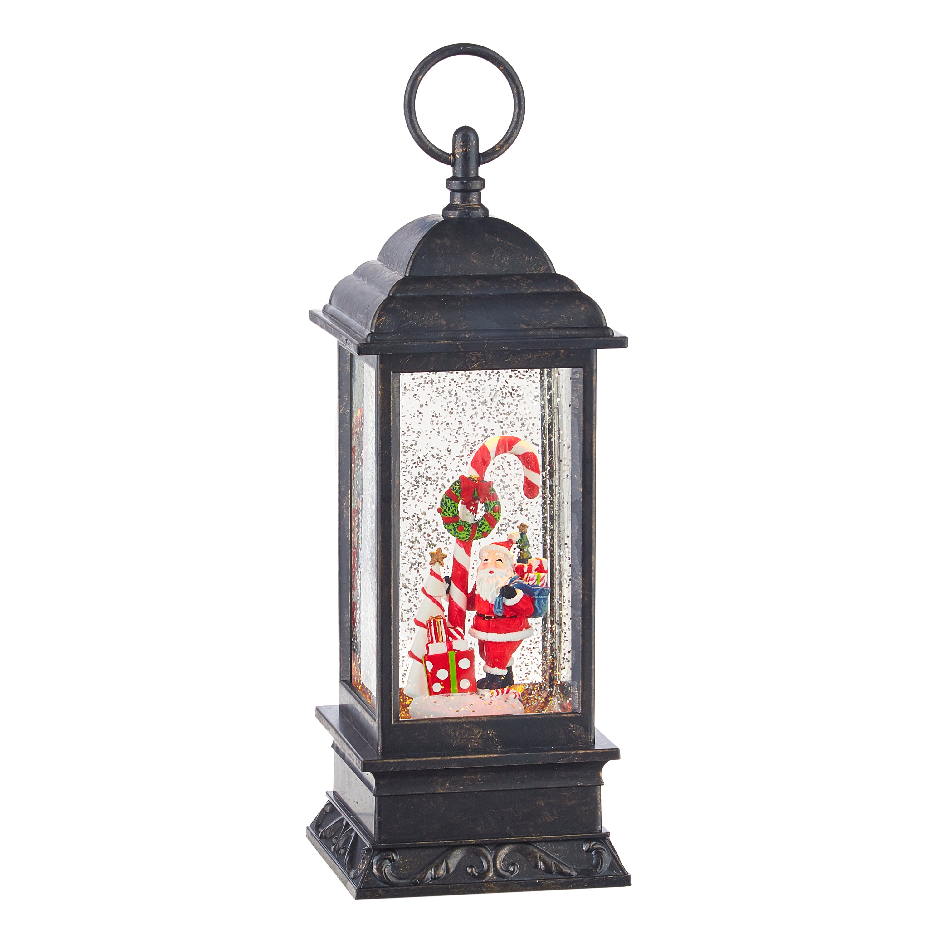 Red Santa figure with candy cane hat inside a clear water lantern base.