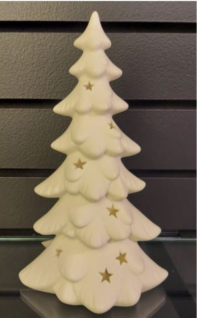 Translucent white porcelain narrow Christmas tree with a slender silhouette.