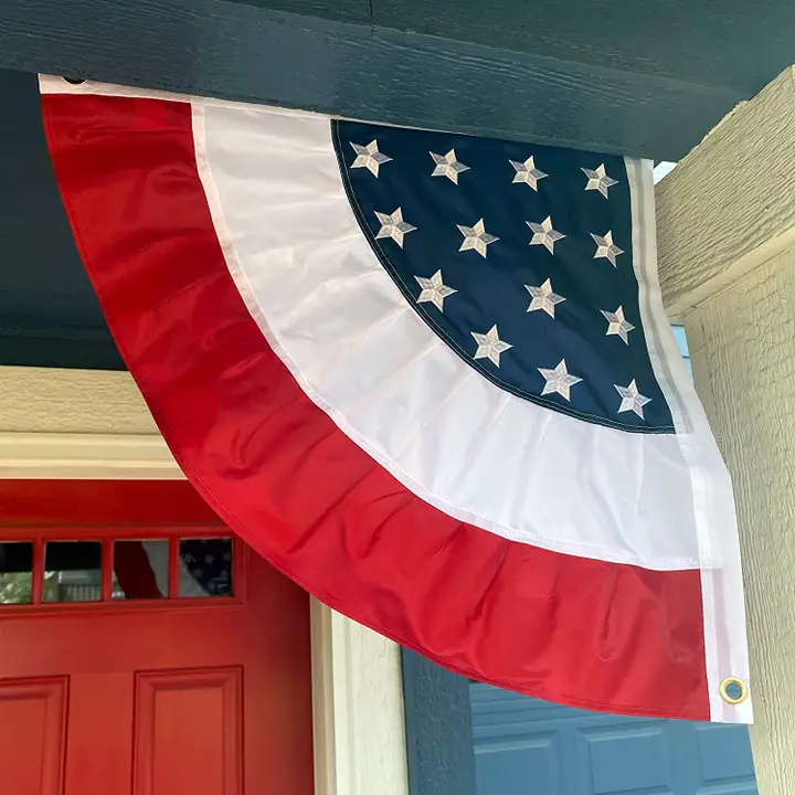 Two patriotic ruffle corner bunting flags with red white blue stripes brass grommets and low profile pleats