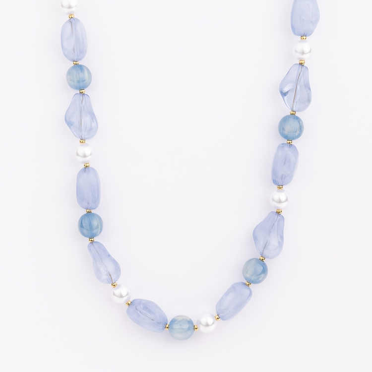 Zoe Necklace featuring chunky blue resin beads and white pearls with gold-plated metal spacers.
