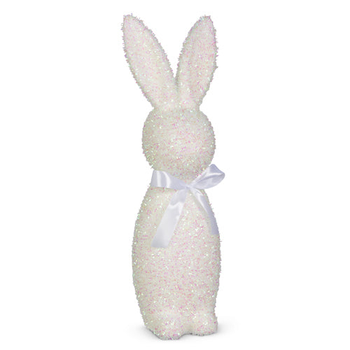 Sixteen-inch tall white flocked bunny with iridescent glitter foam body.