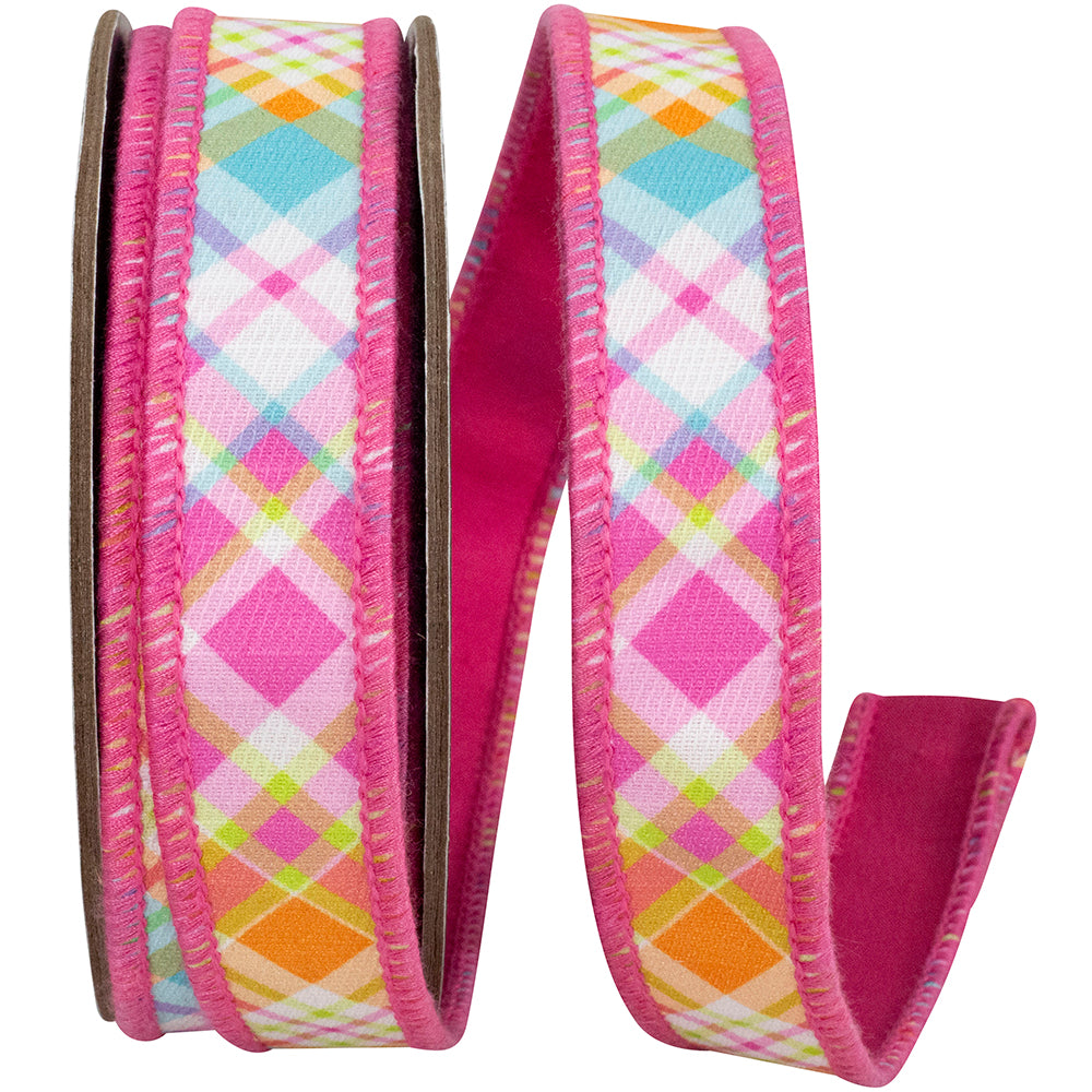 Bright plaid diagonal wired edge ribbon with deluxe backing in polyester.