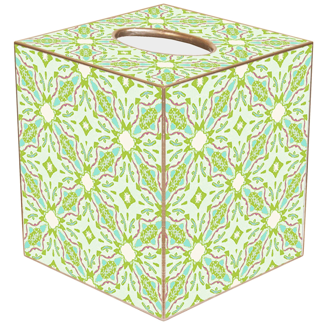 Hand-cut paper mache tissue box cover with gold-painted edges.